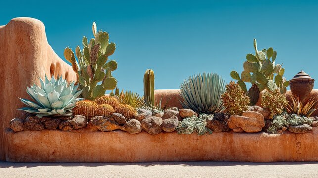 A desert garden displays a variety of succulents and cacti nestled in a warm-toned planter against a clear blue sky