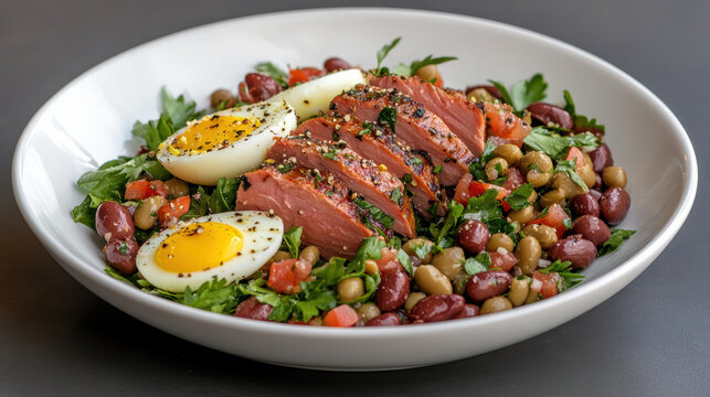 Smoked tuna nicoise salad with boiled egg, mixed beans, parsley and vinaigrette