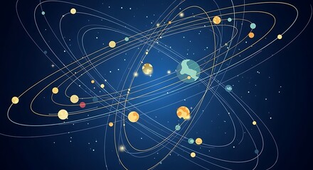 Fototapeta premium Abstract depiction of a solar system with planets orbiting a central star.