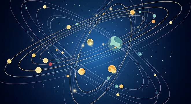 Abstract depiction of a solar system with planets orbiting a central star.