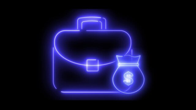 Neon light effect animation of a briefcase icon with a bag of money
