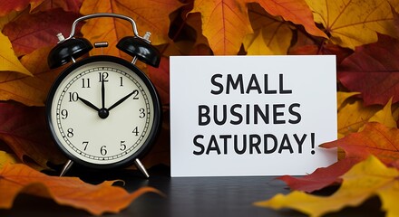 Alarm clock and Small Business Saturday sign surrounded by autumn leaves time