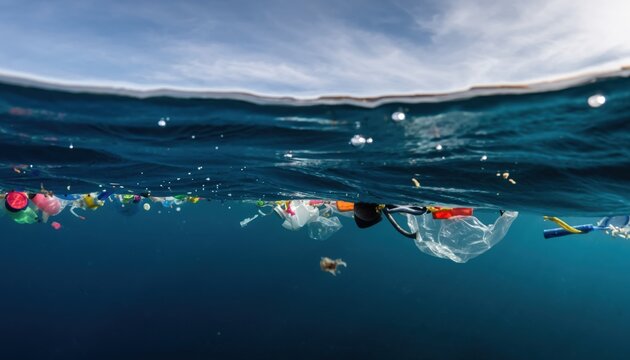 A collection of discarded plastic bags and harmful debris polluting the deep blue ocean water