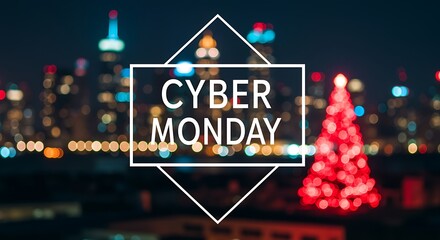 Cyber Monday text overlay on a bokeh city skyline at night with a decorated Christmas tree sale shopping