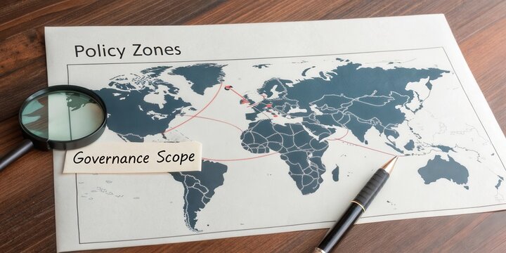 Detailed Map of Policy Zones Highlighting Governance Scope with Magnifying Glass and Pen on Wooden Table
