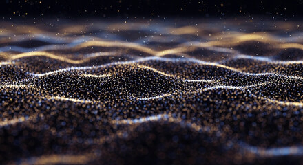 Abstract particles glitter glowing wave on dark background
