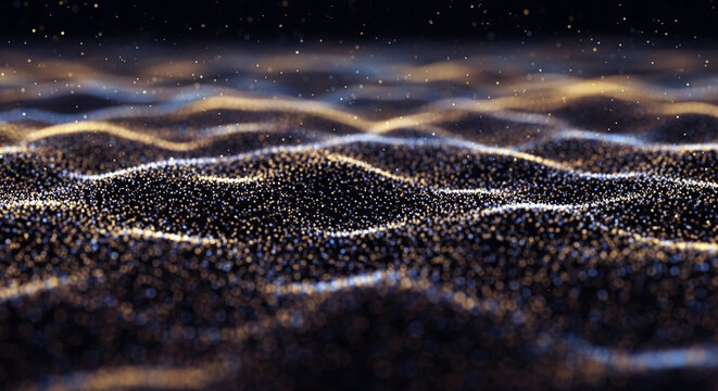 Abstract particles glitter glowing wave on dark background