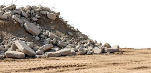 Pile of broken concrete chunks and rebar debris scattered on dirt ground construction demolition rubble waste material rocks