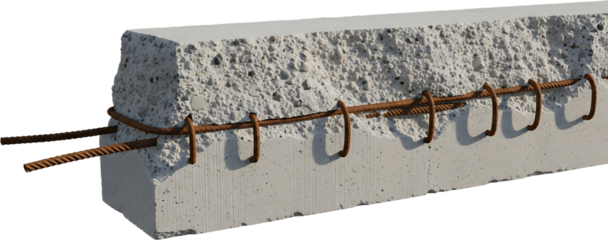 Close up view of concrete beam cross section with exposed rebar reinforcement and aggregate details construction materials