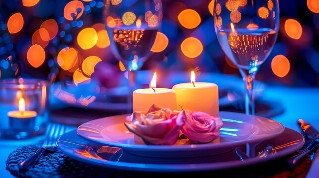 Elegant candlelit dinner setup with wine glasses for a warm and intimate romantic evening