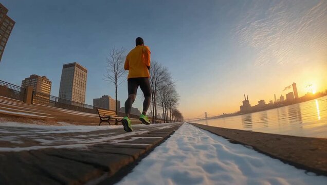 冬の朝日が昇る都市の河川敷で男性がジョギングやランニングなどの運動をする日の出の写真