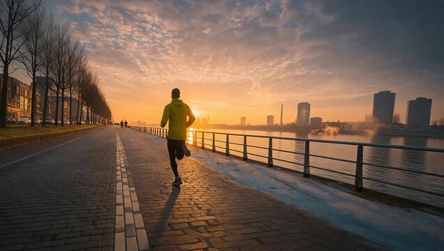 冬の早朝、都市の川沿い遊歩道で日の出の朝日を浴びながらランニングとジョギングを楽しむ写真
