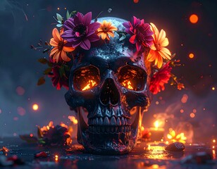 A luminous, metallic skull adorned with a vibrant flower crown, set against a dark, mystical background with glowing embers