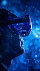 User immersed in a 3d environment wearing a futuristic virtual reality headset with blue neon lights