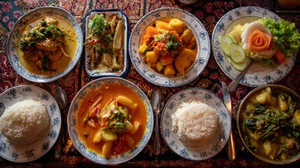 Colorful assortment of traditional Asian dishes served on decorative table showcasing diverse flavors and ingredients with rice and fresh garnishes