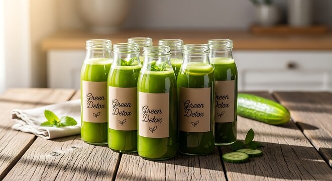 Freshly Made Green Juice Bottles on Rustic Wooden Table.