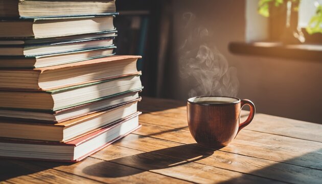A cozy morning scene with a steaming cup of coffee and a towering stack of classic books bathed in soft golden sunlight