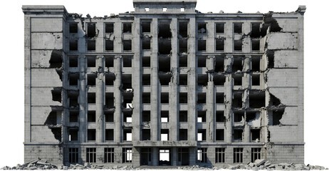 Crumbling concrete building facade with broken windows and debris scattered around its base Ruined building destroyed architecture