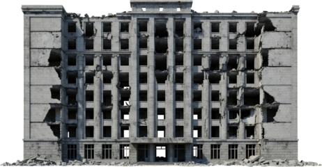 Crumbling concrete building facade with broken windows and debris scattered around its base Ruined building destroyed architecture