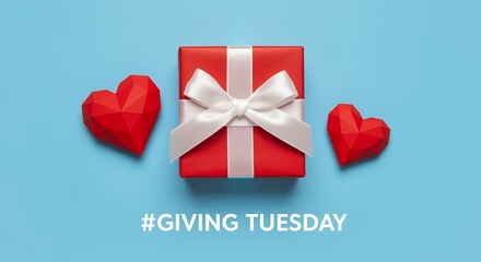 Red gift box with white ribbon and two geometric hearts on blue background giving tuesday charity