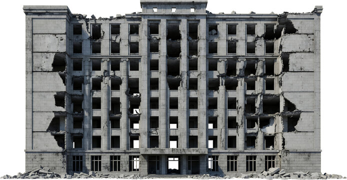 Crumbling concrete building facade with broken windows and debris scattered around its base Ruined building destroyed architecture