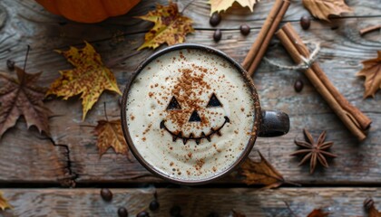 Cozy halloween coffee cup with latte art, cinnamon sticks, and autumn leaves in a flat lay setting