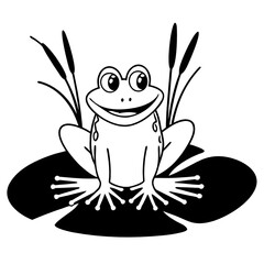 Smiling Cartoon Frog Sitting on a Lily Pad in a Peaceful Pond – Cute Cheerful Line Art Vector Illustration of Happy Amphibian for Nature, Kids, and Wildlife Designs
