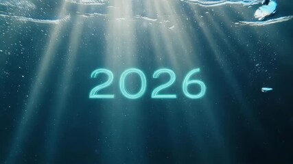 Neon 2026 numbers glowing underwater with light rays - Powered by Adobe