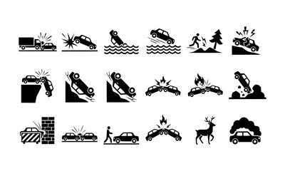 Naklejka premium Set of vector silhouettes illustrating car crash and transport danger warning.