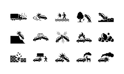 Set of vector silhouettes illustrating car crash and transport danger warning.