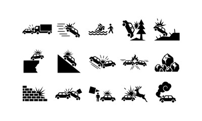 Obraz premium Set of vector silhouettes illustrating car crash and transport danger warning.