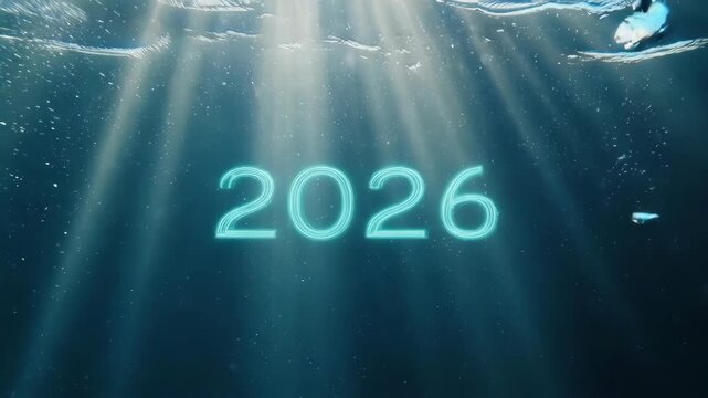 Neon 2026 numbers glowing underwater with light rays