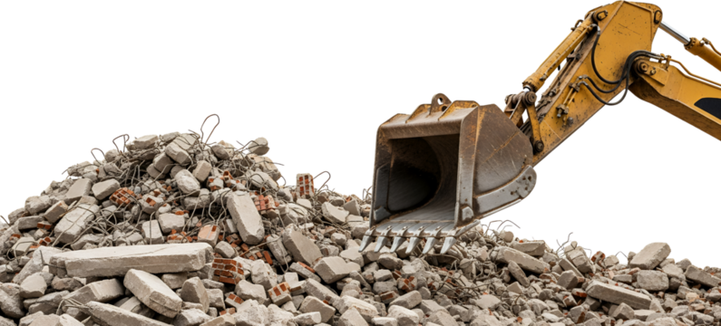 Yellow excavator bucket scooping concrete debris rebar and brick rubble from a demolition site construction heavy machinery