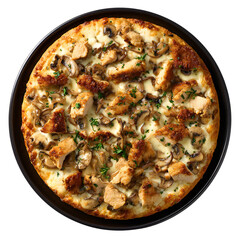 Gourmet chicken and mushroom pizza with creamy white sauce. Top view of whole pizza on a pan, isolated on black background.