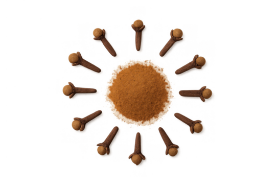 Ground clove powder creating a sun shape, surrounded by whole dried cloves, natural aromatic spice