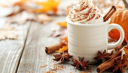 Cozy autumn vibes  pumpkin spice latte on caf   table surrounded by colorful leaves