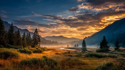 Fototapeta premium A vibrant sunrise bathes a valley in golden light, illuminating trees, a stream, and distant mountains