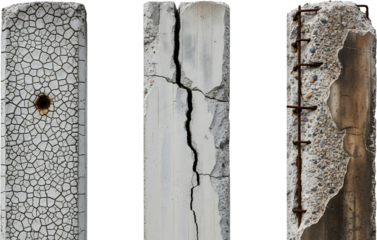 Three close up views of damaged concrete posts showing textures cracks and exposed rebar construction decay rough weathered