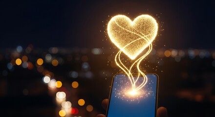 Heart glowing from mobile phone screen Love in the digital age
