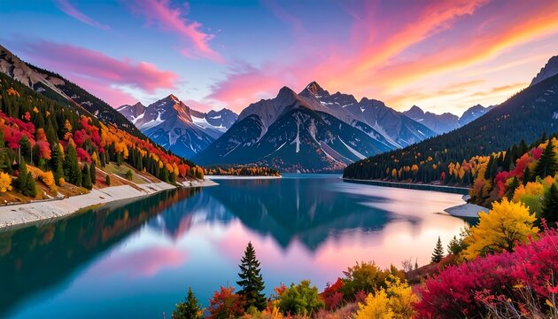 A breathtaking landscape with a serene lake reflecting vibrant autumn foliage and snow-capped mountains under a colorful sunset