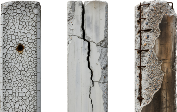 Three close up views of damaged concrete posts showing textures cracks and exposed rebar construction decay rough weathered