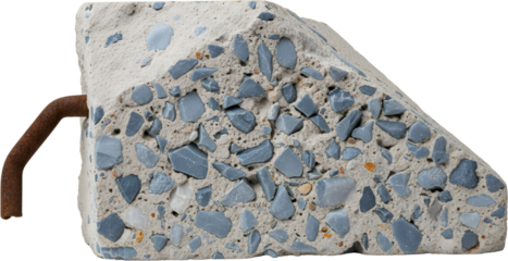 A rough concrete chunk with embedded blue and grey stones featuring a rusted rebar protruding aggregate construction material