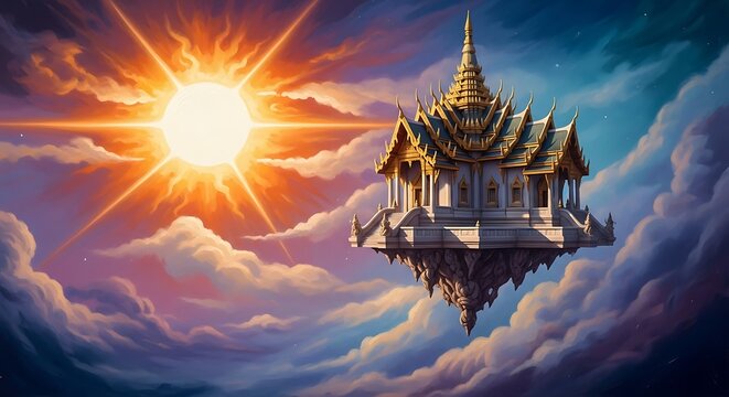 Mystical Thai Temple Floating in the Heavenly Clouds at Sunrise.
