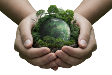 Hands holding a miniature globe with lush green forest and trees isolated on white background isolated on transparent background
