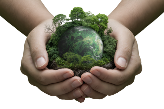 Hands holding a miniature globe with lush green forest and trees isolated on white background isolated on transparent background - Powered by Adobe
