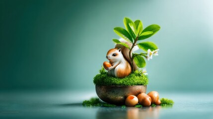 Adorable Squirrel Figurine in Mossy Bowl with Miniature Plant