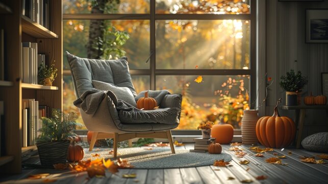 Warm autumn reading nook by the window with cozy sunlight and festive pumpkin decorations - Powered by Adobe