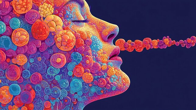 A surreal, vibrant profile depicts a face adorned with cellular structures, emanating a sense of illness. The color palette is vivid, evoking a complex yet intriguing, otherworldly feeling.
