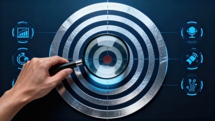 Innovative digital interface with hand targeting data insights and analytics.