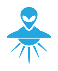 Alien head with UFO and light beams, minimalist blue vector icon — stock vector